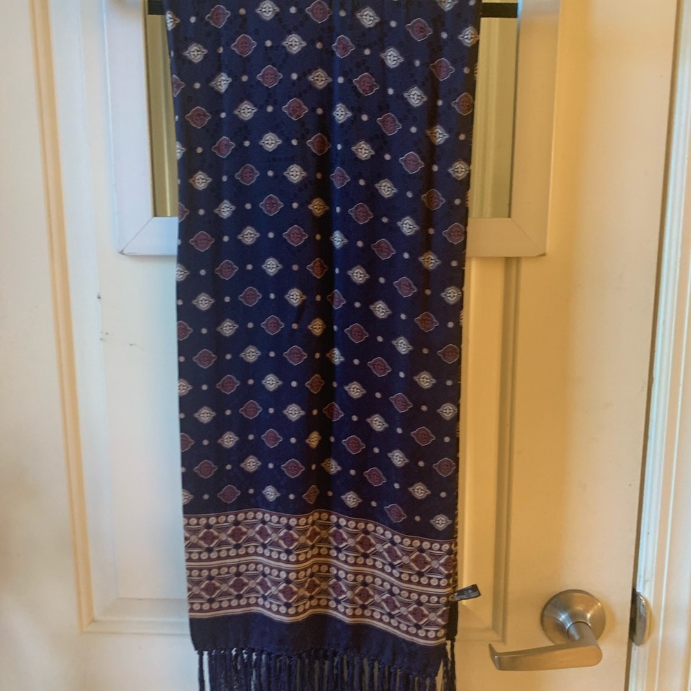 Patterned Blue Scarf with Fringe